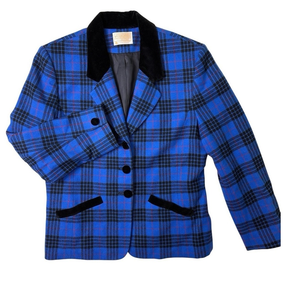 Pendleton Virgin Wool Jacket Blazer Morgan Tartan Blue Vtg 80s Size 14 40" Chest